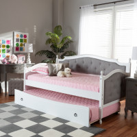 Baxton Studio MG0034-Grey/White-Daybed Marlie Classic and Traditional Grey Fabric Upholstered White Finished Wood Twin Size Daybed with Trundle